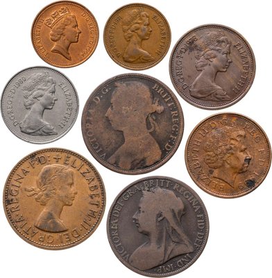 купить Великобритания набор 8 монет 1 пенни (penny), 2, 5 пенсов (pence), 1 шиллинг 1892-1999