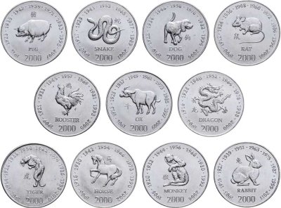 Купить Сомали набор монет 10 шиллингов 2000 (11 штук) Китайский календарь