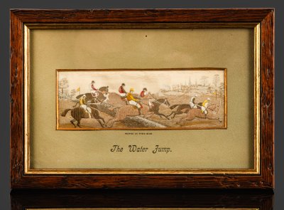 купить Картина на шелке в паспарту - стивенграф "The water jamp. A Steeplechase" ("Бег с препятствиями", "Конный спорт"), Thomas Stevens Manufacturer, шелк, ткачество, картон, Великобритания, 1880-1920 гг.