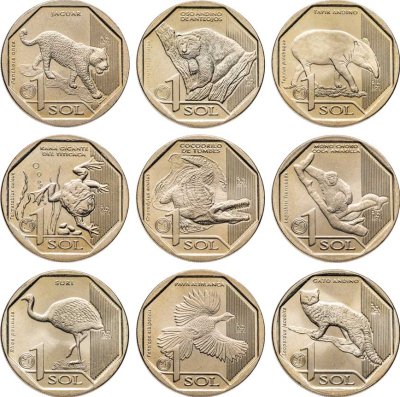 купить Перу 1 соль 2017-2019 набор из 9 монет "Фауна Перу"