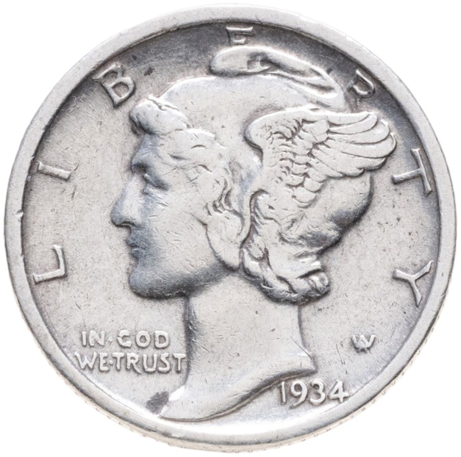 Купить США 10 центов (дайм, one dime) 1934  Mercury Dime Без отметки монетного двора