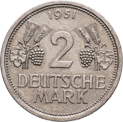 купить Германия 2 марки 1951, знак монетного двора: "J" - Гамбург