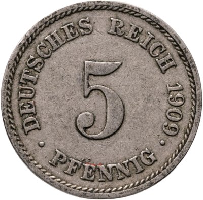 купить Германия 5 пфеннигов (pfennig) 1909 J знак монетного двора: "J" - Гамбург