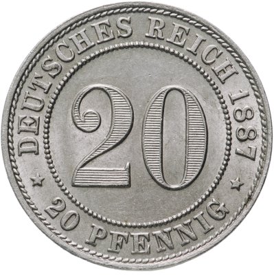 Купить Германия 20 пфеннигов (pfennig) 1887 Знак монетного двора: "J" - Гамбург