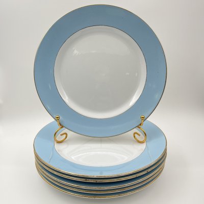 купить Набор обеденных тарелок с голубым кантом на 6 персон, фаянс, крытье, золочение, Товарищество М.С. Кузнецова в Твери, Российская империя, 1880-1889 гг.