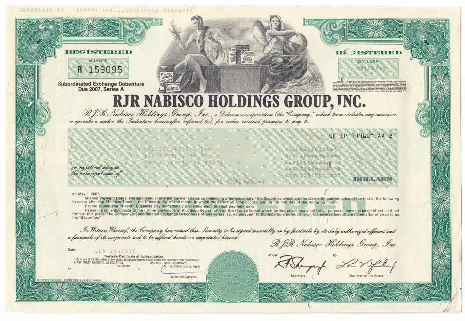 купить Акция США RJR NABISCO HOLDINGS GROUP, INC . 1989- 1991 гг.
