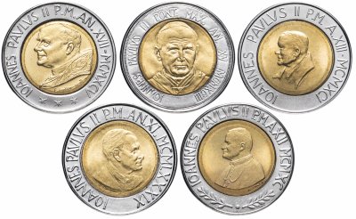 купить Ватикан набор из 5 монет 500 лир 1989-1995