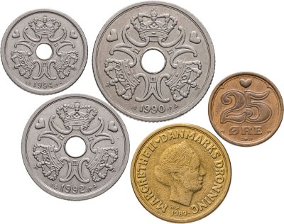 купить Дания, набор из 5 монет 1989-1994 (25 эре, 1, 2, 5, 10 крон)