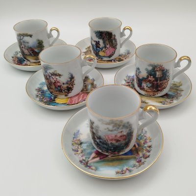 купить Набор кофейный пар на 5 персон, украшенных изображением галантных сцен, фарфор, деколь, Bareuther Waldsassen, Германия, 1970-1993 гг.