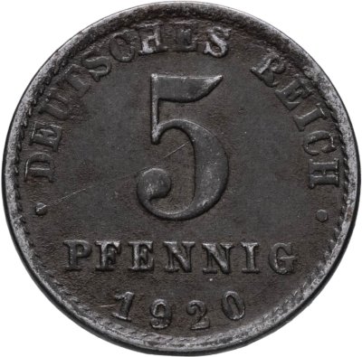 купить Германия 5 пфеннигов (pfennig) 1920, знак монетного двора: "А" - Берлин