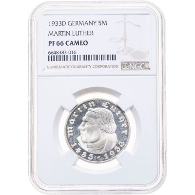 купить Германия (Третий рейх) 5 рейхсмарок (reichsmark) 1933 D "450 лет со дня рождения Мартина Лютера" в слабе NGC PF66 CAMEO