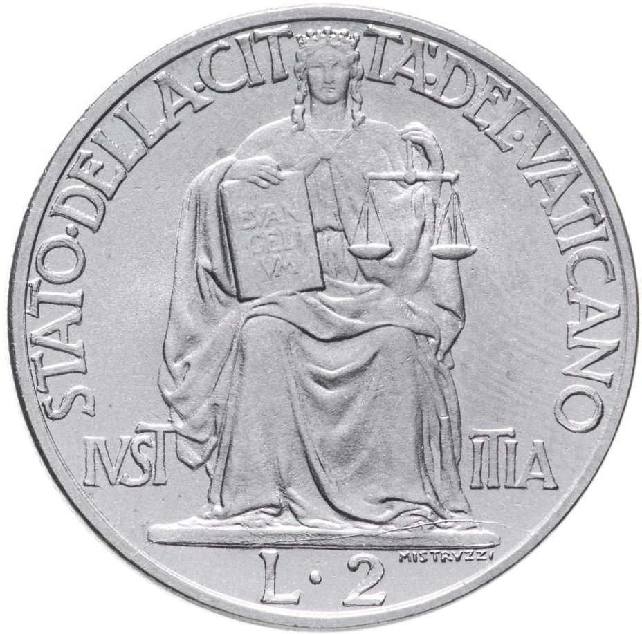 Монета Ватикан 2 лиры (lire) 1942 стоимостью 920 руб.