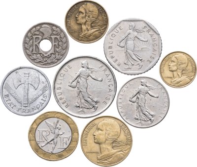 купить Франция набор из 9 монет 5, 10, 20 сантимов и 1, 2, 5, 10 франков 1923-1989