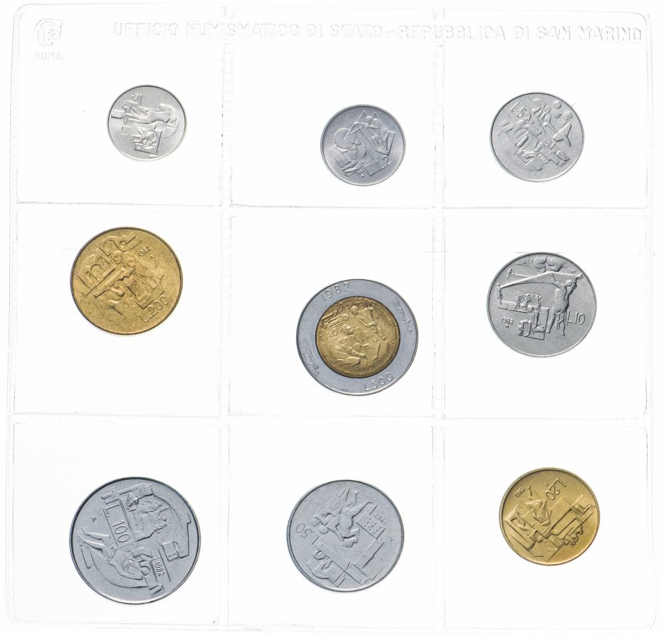 купить Сан-Марино полный годовой набор монет 1982 (9 штук, UNC) лиры в футляре