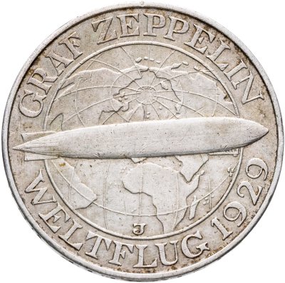 купить Германия 3 рейхсмарки (reichsmark) 1929 Полёт дирижабля "Граф Цеппелин" J