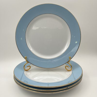 купить Набор обеденных тарелок с голубым кантом на 4 персоны, фаянс, крытье, золочение, Товарищество М.С. Кузнецова в Твери, Российская империя, 1880-1889 гг.