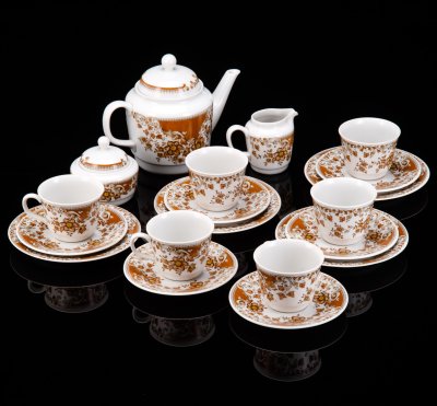 купить Сервиз чайный с цветочным орнаментом в охристой гамме на 6 персон (19 предметов), фарфор, печать, Moritz Zdekauer (MZ), Чехословакия, 1970-1990 гг.