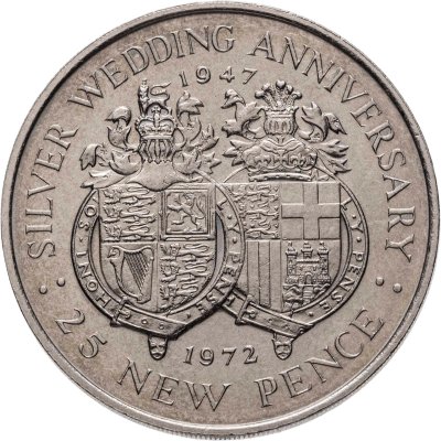 купить Гибралтар 25 новых пенсов (new pence) 1972 "25 лет свадьбе Королевы Елизаветы II и Принца Филиппа"
