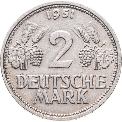 купить Германия 2 марки 1951, знак монетного двора: "G" - Карлсруэ
