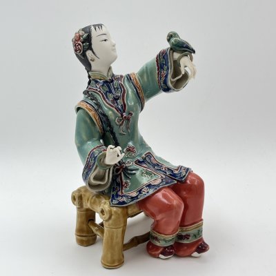 купить Статуэтка "Китайская девушка с птицей", Shiwan Wucai, керамика, глазурь, роспись, Китай, 1980-2000 гг.