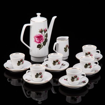 купить Сервиз кофейный с декором в виде роз на 6 персон (14 предметов), фарфор, деколь, золочение, Colditz (Кольдиц), ГДР, 1960-1990 гг.