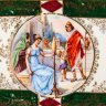 Купить Поднос кофейный с фрагментами картин в медальонах ("Елена и Парис" G.B. Tiepolo и "Игра в шахматы" G.Induno), фарфор, деколь, крытье, золочение, Европа, 1970-1990 гг.