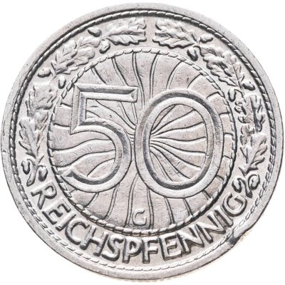 купить Германия 50 рейхспфеннигов (reichspfennig) 1928 знак монетного двора "G" — Карлсруэ