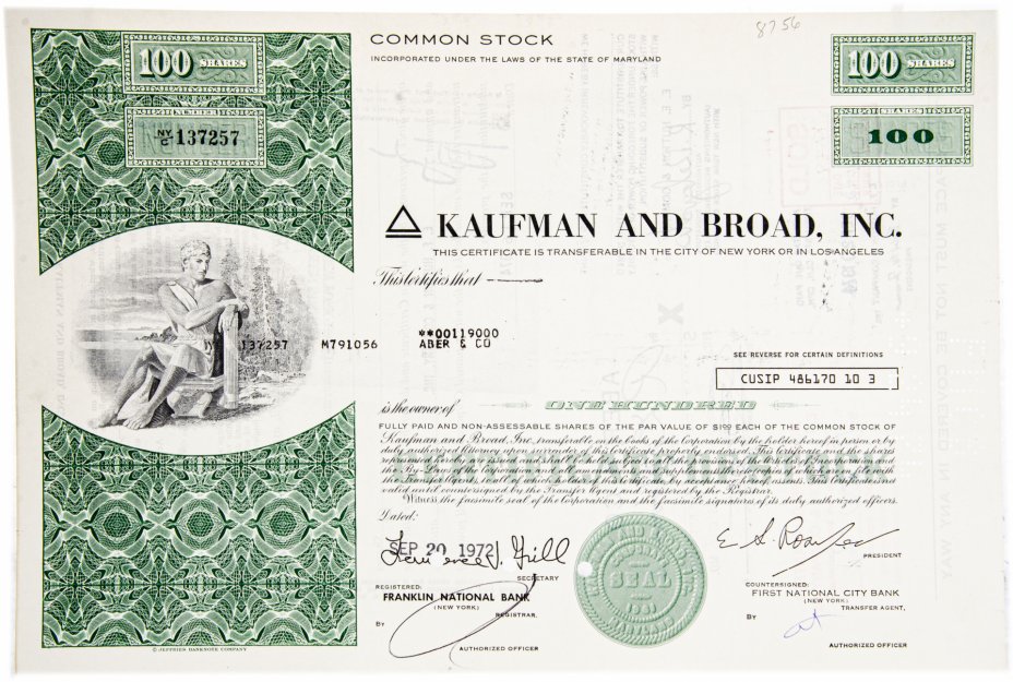купить Акция США KAUFMAN AND BROAD, INC. 1972 г.