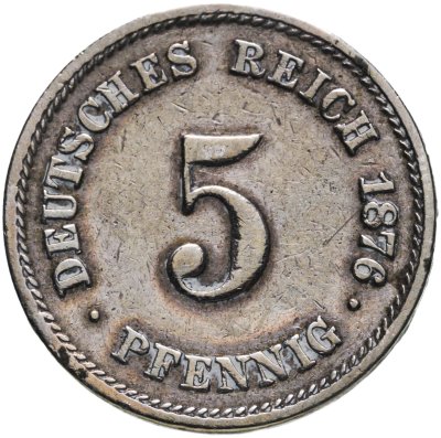Купить Германская империя 5 пфеннигов 1876, знак монетного двора: "A" - Берлин