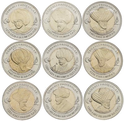 купить Турция полный набор юбилейных монет 1 лира 2024 серии "Султаны Османской Империи" (9 штук)