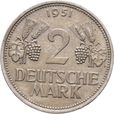купить Германия 2 марки 1951, знак монетного двора: "F" - Штутгарт
