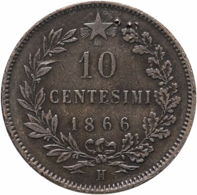 купить Италия 10 чентезимо (centesimi) 1866 H знак монетного двора "H" - Хитон, Бирмингем