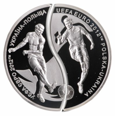 купить Украина-Польша монета из 2-х частей 10 гривен - 10 злотых 2012 "Чемпионат Европы по футболу 2012" в футляре, с сертификатом