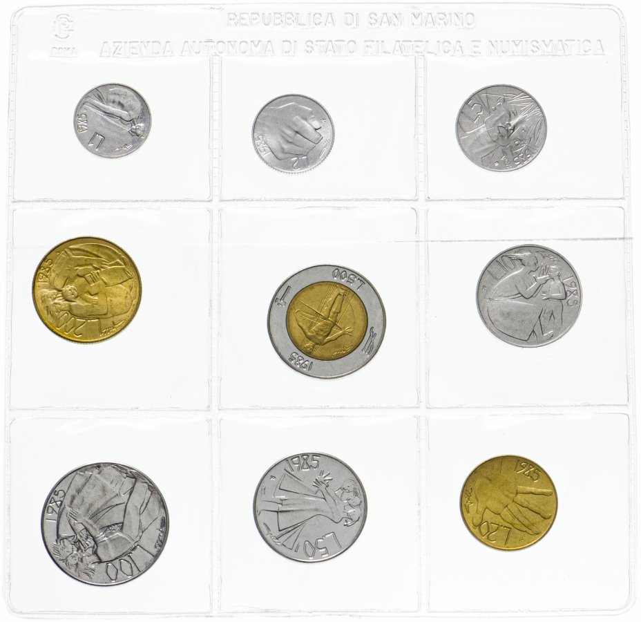 купить Сан-Марино полный годовой набор монет 1985 (9 штук, UNC) лиры в футляре