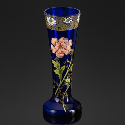 купить Ваза кобальтового цвета с флоральным декором, выполненная в стилистике Legras et C. (Легра и Ко), стекло, полихромные эмали, Франция, 1920-1930 гг.