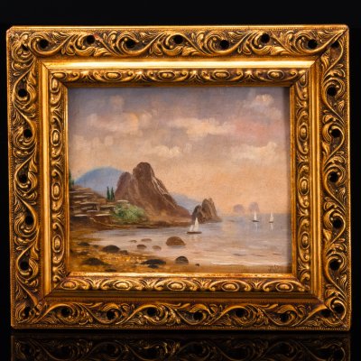 купить Картина "Крым. Гурзуф. Вид на Аю-Даг" (название условное) в раме, подпись "АР", дерево, картон, масло, СССР, 1970-1990 гг.