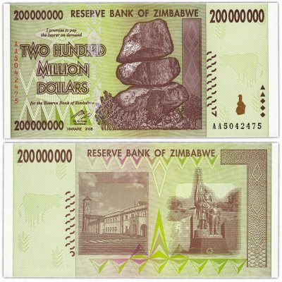 Купить Зимбабве 200000000 (200 миллионов) долларов 2008 (Pick 81)