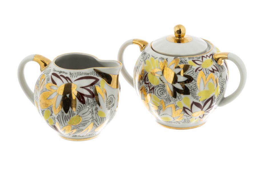Набор из сахарницы и молочника "Золотая ромашка", фарфор, деколь ...