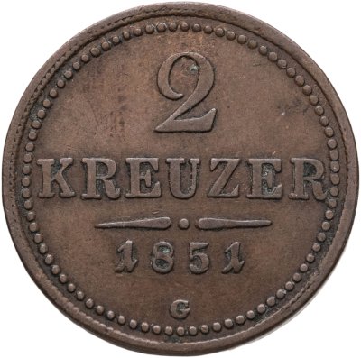 купить Австрия 2 крейцера 1851, знак монетного двора "G"-Бая-Маре