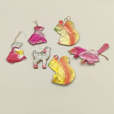 купить Набор из 6-ти винтажных ёлочных игрушек в виде животных (в подборе), бумага, картон, штамповка, аэрография, СССР, 1950-1980 гг.