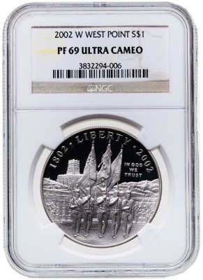 купить США 1 доллар (dollar) 2002 "200-летие военной академии США в Вест-Пойнте" в слабе NGC PF69 ULTRA CAMEO