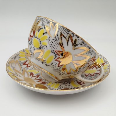 купить Пара чайная "Золотые ромашки", автор росписи Л.И. Григорьева, форма "Тюльпан", фарфор, деколь, золочение, Ленинградский фарфоровый завод (ЛФЗ), СССР, 1970-1992 гг.