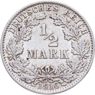 Купить Германия 1/2 марки (mark) 1916 знак монетного двора: "А" - Берлин
