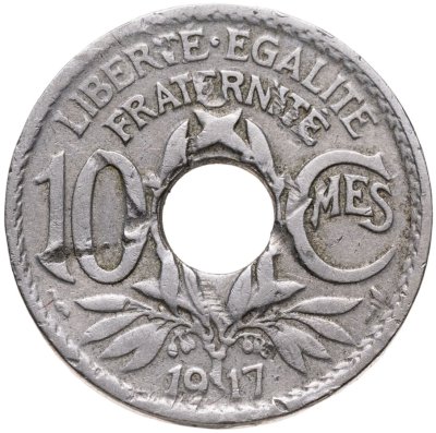 купить Франция 10 сантимов (centimes) 1917 Отверстие в центре