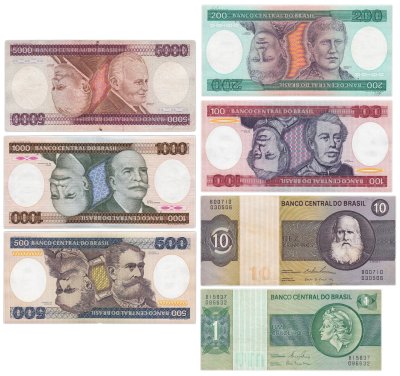 купить Бразилия набор из 7 банкнот 1, 10, 100, 200, 500, 1000, 5000 крузейро 1975-1986