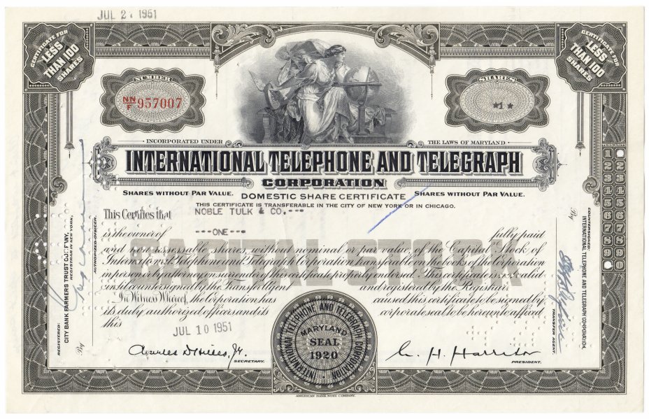 купить Акция США  International Telephone And Telegraph Corporation 1951- 1961 гг.
