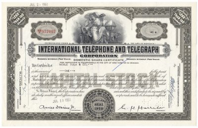 купить Акция США International Telephone And Telegraph Corporation 1951- 1961 гг.