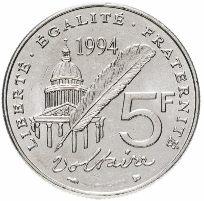 купить Франция 5 франков (francs) 1994 "300 лет со дня рождения Вольтера"