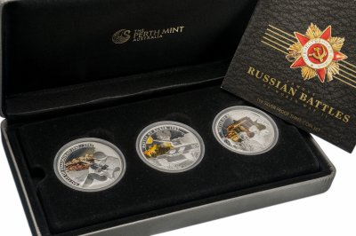 купить Тувалу набор монет 1 доллар 2010 Proof "Сражения Великой Отечественной войны" из 3 монет в футляре с сертификатом