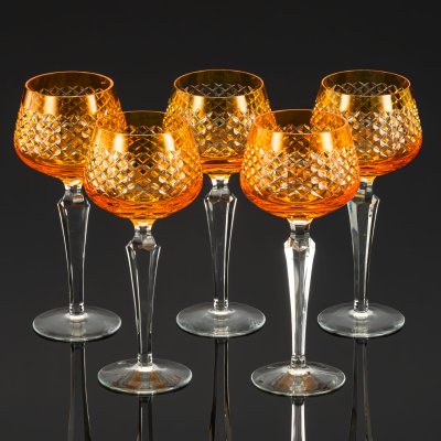 купить Набор бокалов янтарного цвета с граненой ножкой на 5 персон, стекло, гранение, резьба, Германия, 1950-1970 гг.